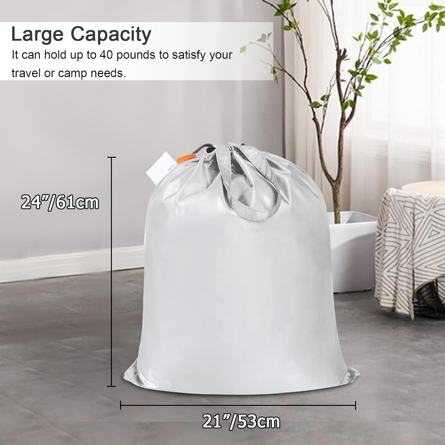 Polecasa Small Heavy Duty Laundry Bag with drawstring closure and Reinforced Handles, Easy to Carry Dirty Clothes Drawstring Bag for Travel, Camp 2 Pack 21”x24”, Silver
