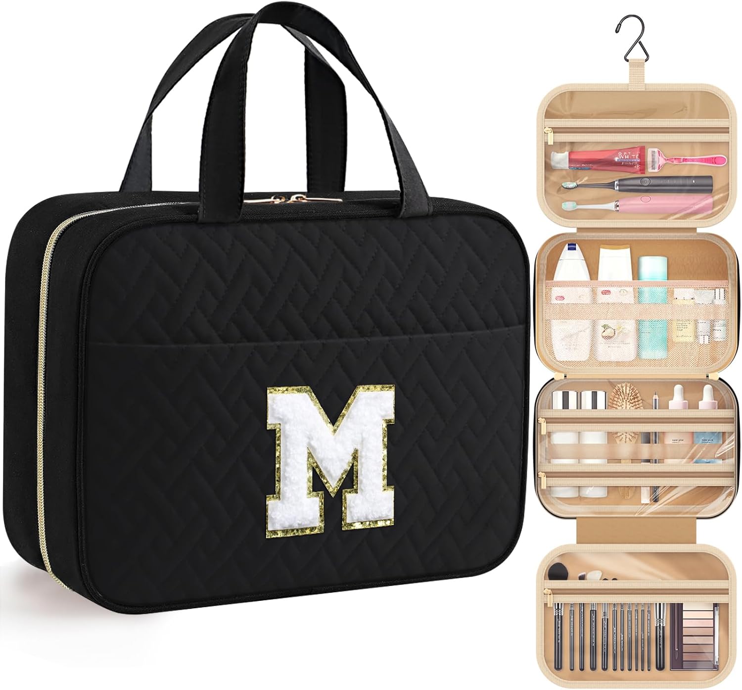 HOTOR Travel Toiletry Bag - Personalized Chenille Initial Makeup Bag, Water-Resistant Personalized Gifts for Women, Portable Travel Accessories & Essentials, Letter M, Black, 11.4"×9.0"×3.35"