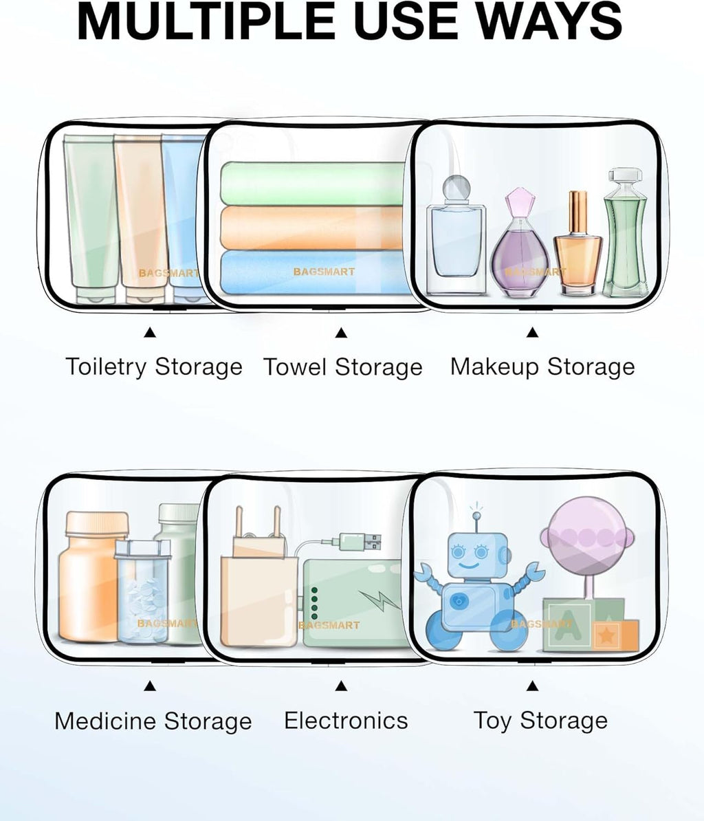 BAGSMART Clear Toiletry Bag, 2 Packs TSA Approved Water Resistant Quart Size Travel Organizer, 2 Sizes Airport Airline Travel Essential Carry On Makeup Cosmetic Bags for Women, Black