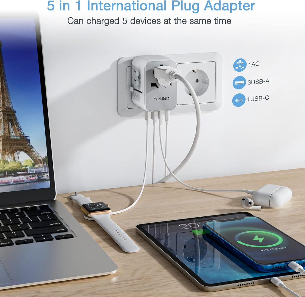TESSAN Universal Travel Adapter, International Power Adapter with 4 USB Ports (1 USB C), Worldwide Plug Adaptor Wall Charger for USA to Europe UK France Germany Spain Ireland Australia(Type C/G/A/I)