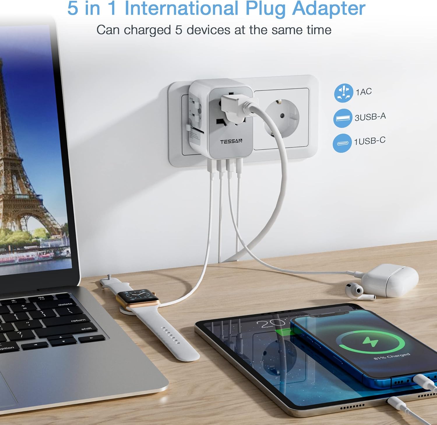 TESSAN Universal Travel Adapter, International Power Adapter with 4 USB Ports (1 USB C), Worldwide Plug Adaptor Wall Charger for USA to Europe UK France Germany Spain Ireland Australia(Type C/G/A/I)