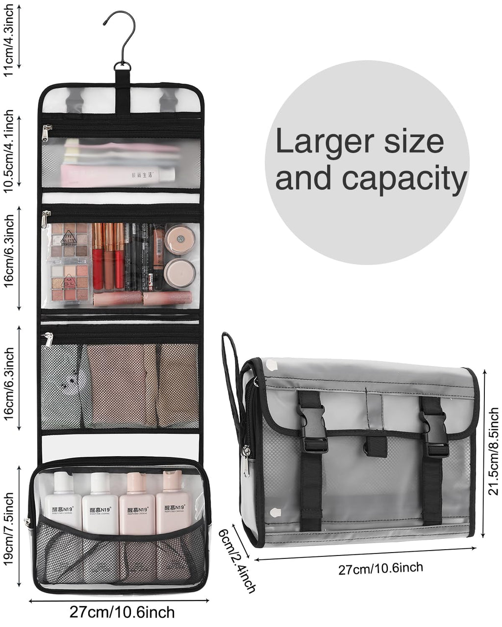 Relavel Travel Hanging Toiletry Bag for Men Women Travel Kit Shaving Bag Waterproof Large Makeup Bag Wash Bag Makeup Organizer Cosmetic Case for Bathroom Shower Semitransparent