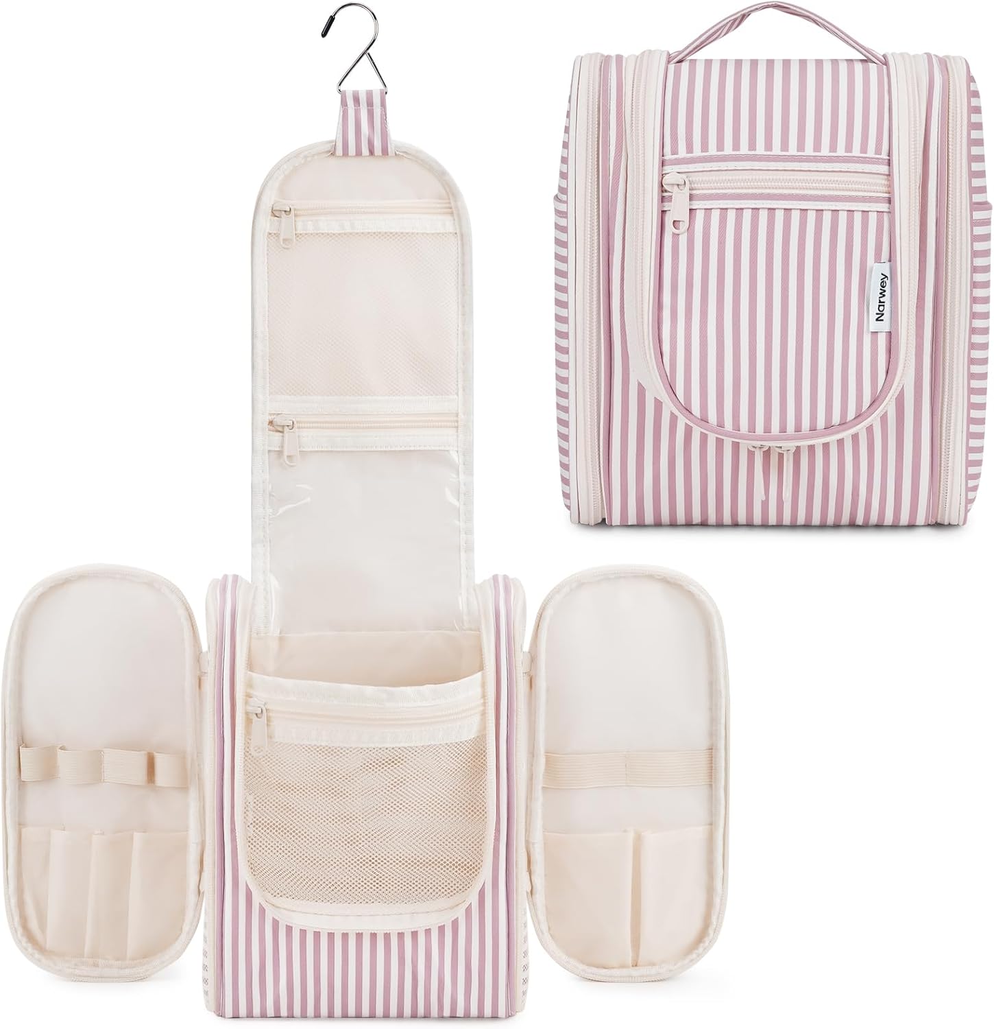 Narwey Small Striped Hanging Travel Toiletry Bag for Women, Travel Bag for Toiletries, Makeup Bag Organizer Cosmetic Bags Make Up Bags for Women (Dusty Rose Stripe)
