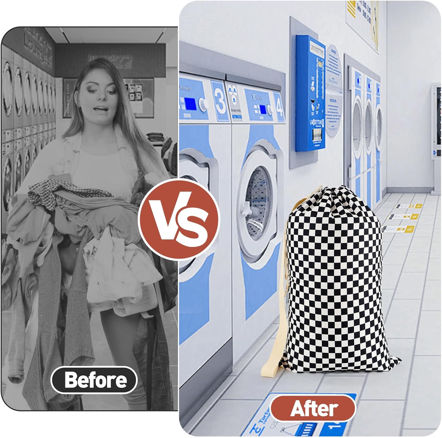 Laundry Bag, Dirty Backpack Laundry Bag For College Travel Laundromat Apartment, With Handles 29" X 18" (Black White Checkered)