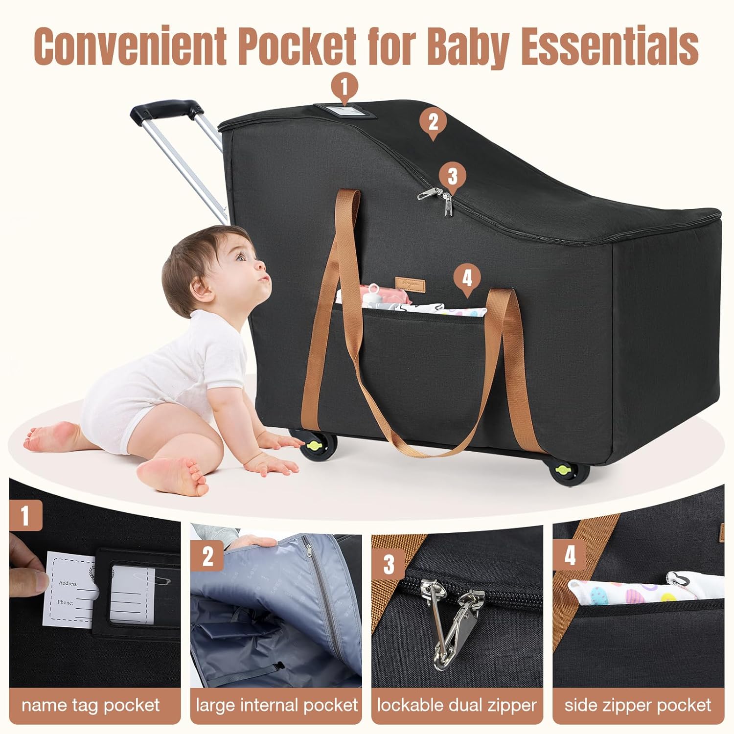 Infant Car Seat Travel Bag with Wheels Fits Chicco KeyFit 35, Doona Car Seat Stroller Base, Nuna Pipa, Padded Car Seat Bags for Airplane, Gate Check Bag, Removable Cover for Air Travel,Black-L