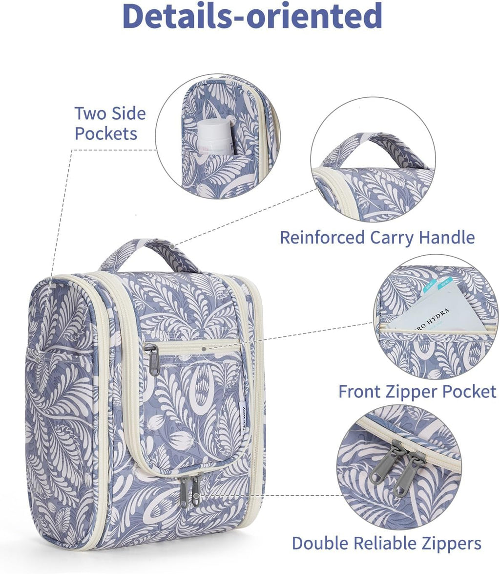 Narwey Small Hanging Toiletry Bag Women Travel Makeup Bag Organizer Toiletries Bag for Travel Size Essentials Accessories Cosmetics (Medium, Blue Leaf)