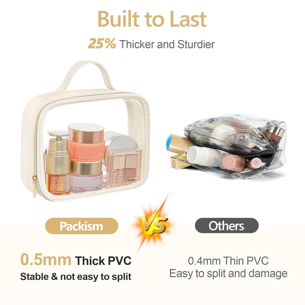 PACKISM Clear Makeup Bag - 2 Pack TSA Approved Toiletry Bag with Handle and 180° Large Opening, Sturdy Clear Toiletry Bag Fit Carry-on Travel Essential, Travel Bags for Toiletries, Creamy Off-White