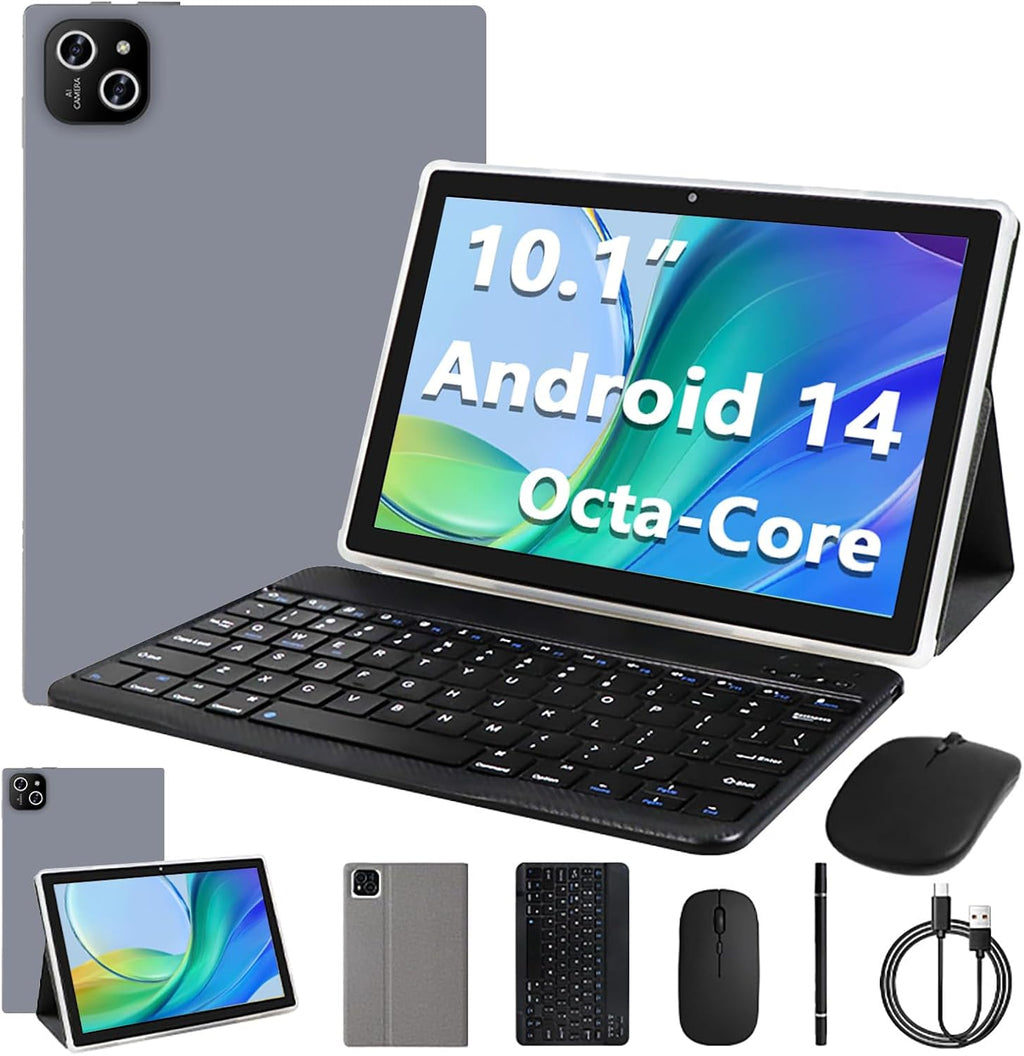 Tablet, Android 14 Tablet with 12GB (4+8) RAM 128GB ROM, Octa-Core Processor Tablets with Keyboard, Mouse, 10.1 Inch 1280 * 800 IPS Touch Screen, Dual Camera, WiFi 6, BT 5.4, 6000mAh Battery