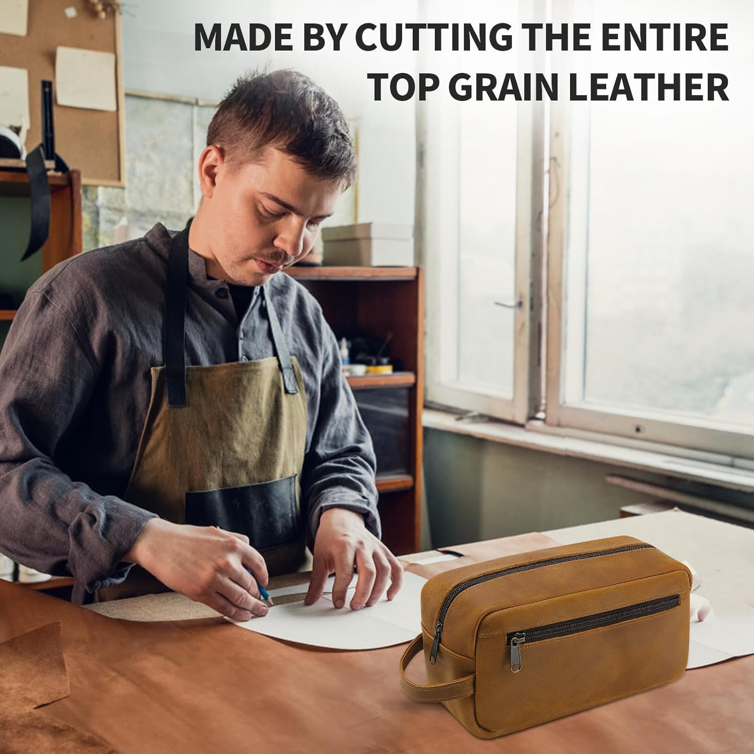 Ringsun Genuine Leather Toiletry Bag, Hanging Makeup Bag with Large Capacity for Women Men, Handcrafted Vintage Travel Toiletry Bag for Accessories, Shampoo, Full-size Container, Toiletries