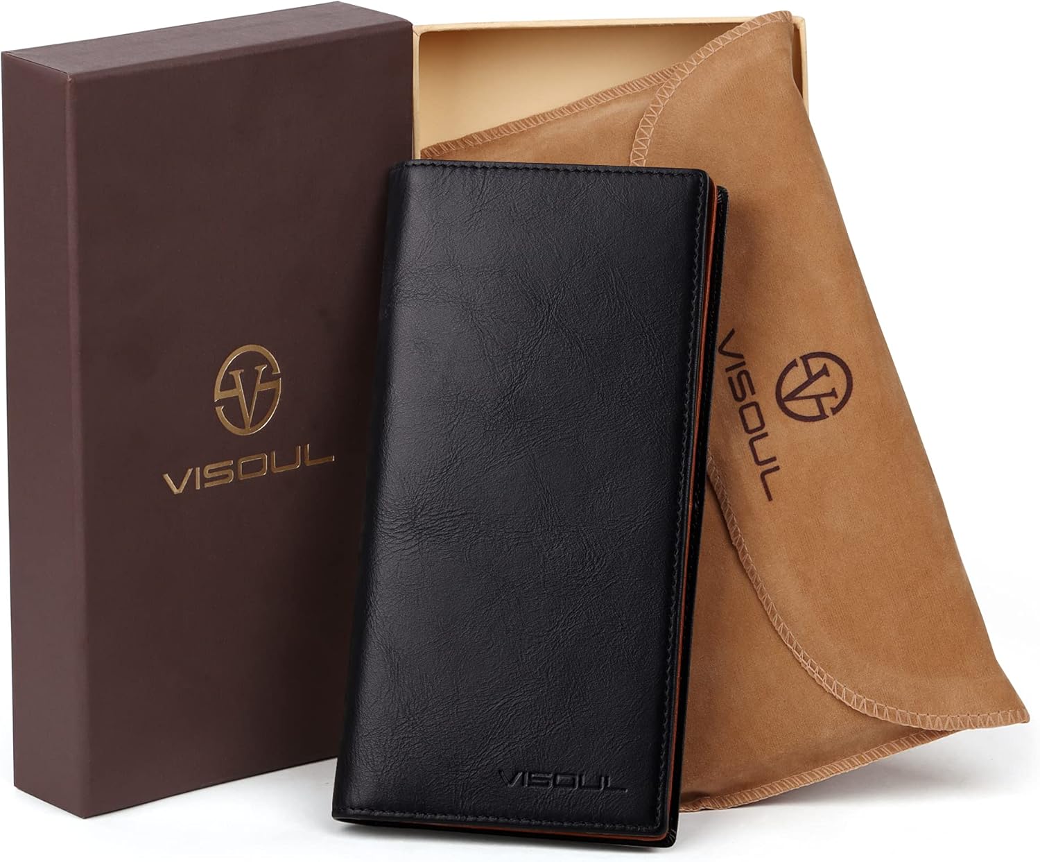 VISOUL Mens Leather Long Bi-fold Checkbook RFID Blocking Wallets, Breast Pocket Tall Billfold Secretary Wallet for Men with 12 Card Slots (Black and Orange)