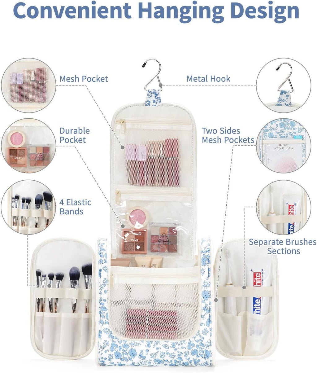 Narwey Hanging Toiletry Bag for Women Travel Makeup Bag Organizer Toiletries Bag for Cosmetics Essentials Accessories (Large, Little Blue Flower)