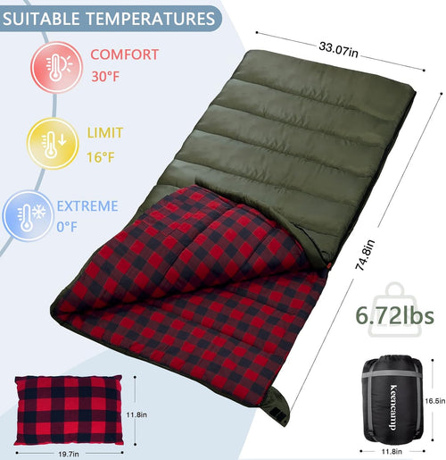0 Degree Sleeping Bag Cotton Flannel Winter Cold Weather for Adults XXL Sleeping Bag 4 Season Big and Tall with Pillow Compression Sack