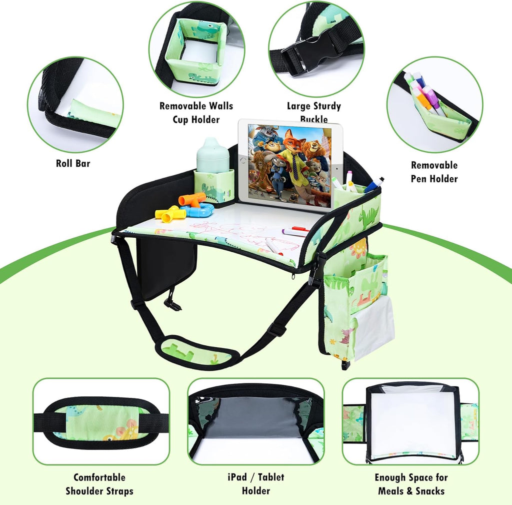 2PCS Kids Travel Tray, Car Seat Tray for kids Travel, Toddler Road Trip Essentials With Drawing Kit, Toddler Lap Desk Organizer for Car, Carseat Table for Airplane