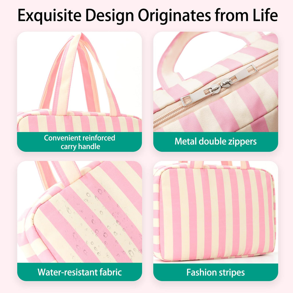 Apxouans Toiletry Bag for Women Travel Water-resistant Cosmetic Bag Fashion Stripes Makeup Bag with Hanging Hook Preppy for Store Toiletries Cosmetic Accessories Large Capacity Pink