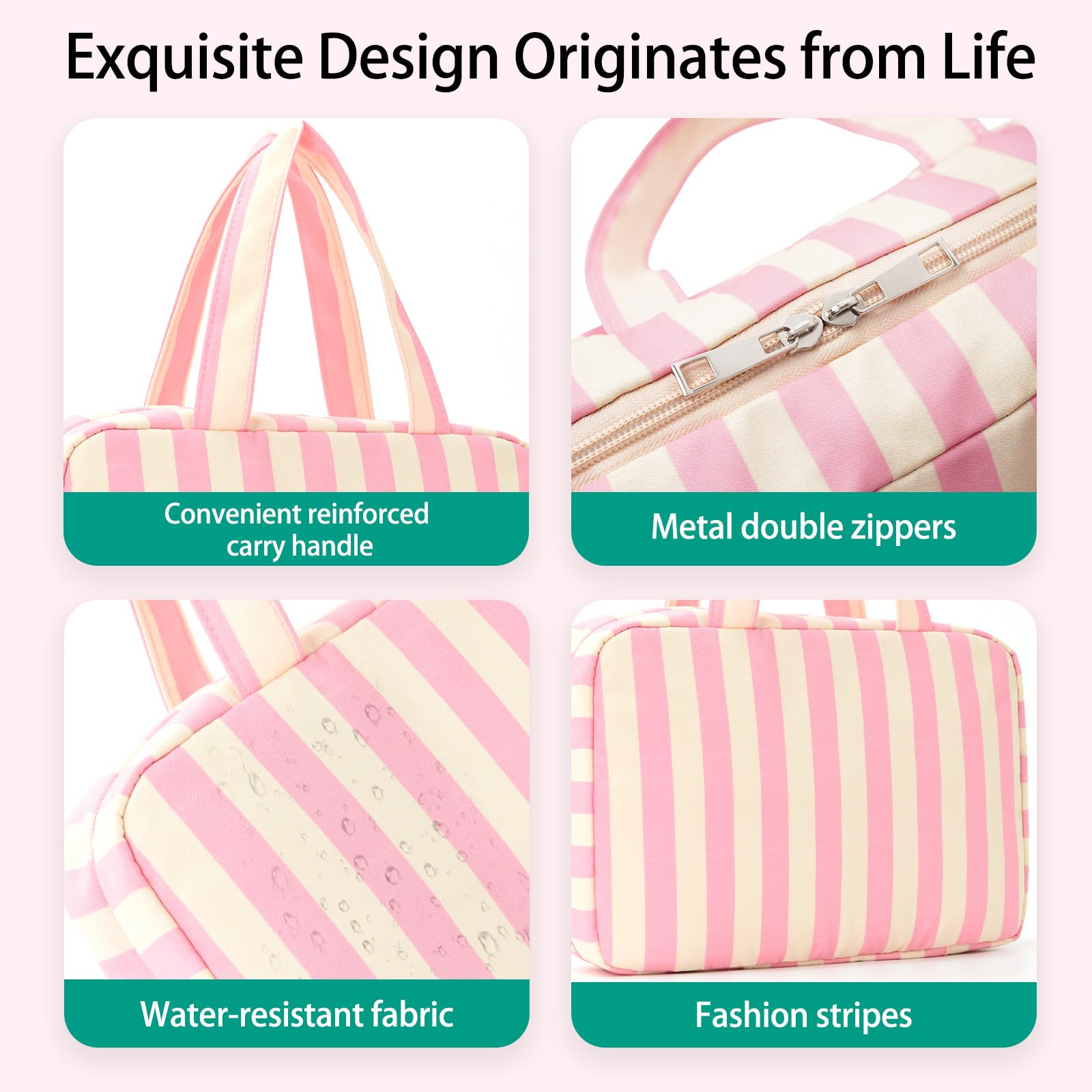 Apxouans Toiletry Bag for Women Travel Water-resistant Cosmetic Bag Fashion Stripes Makeup Bag with Hanging Hook Preppy for Store Toiletries Cosmetic Accessories Large Capacity Pink