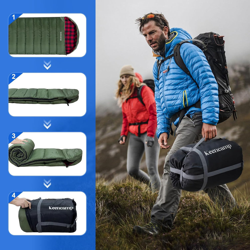 0 Degree Sleeping Bag Cotton Flannel Winter Cold Weather for Adults XXL Sleeping Bag 4 Season Big and Tall with Pillow Compression Sack