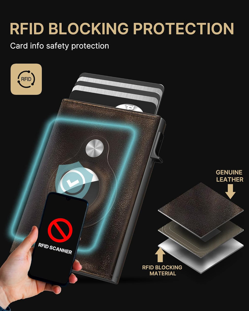 typecase Mens Wallet Card Holder for AirTag: Leather Smart Wallet for Men Compatible with Apple Air Tag, RFID Blocking, Slim, Minimalist - 9-14 Card Capacity | ID Window | Cash Slot (Burnished Black)