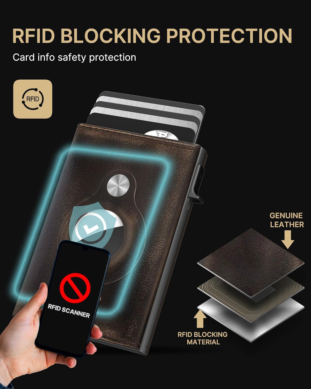 typecase Mens Wallet Card Holder for AirTag: Leather Smart Wallet for Men Compatible with Apple Air Tag, RFID Blocking, Slim, Minimalist - 9-14 Card Capacity | ID Window | Cash Slot (Burnished Black)