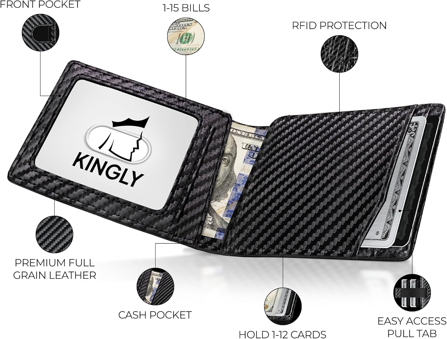 Kingly Cash Pocket Slim Wallet for Men - RFID Blocking Leather Card Holder - Minimalist Men’s Wallet for Front Pockets - Holds 1-15 Cards & Cash - Durable Italian Leather Wallets