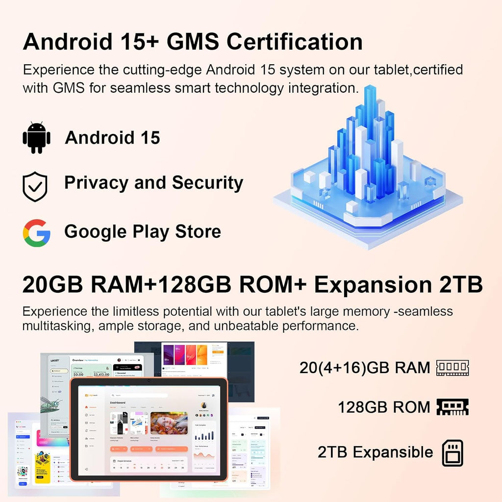 Android 15 Tablet 10 Inch, 2 in 1 Tablets with Keyboard/Mouse/Case/Stylus, 20GB RAM+128GB ROM/ 2TB Expand, 2.0Ghz Quad-core Processor, 1280 * 800 HD Touch Screen, 8MP Camera, 6000mAh Battery, 5G WiFi