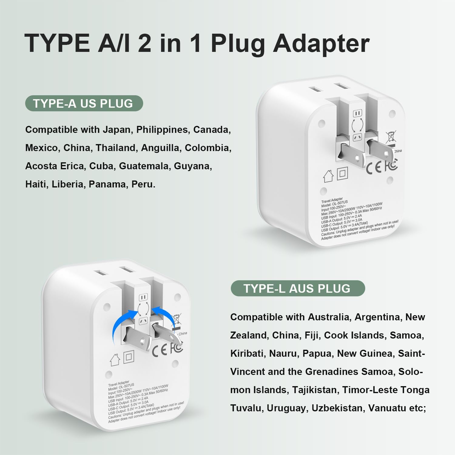 Australia Travel Plug Adapter, Foldable Power Adapter with 4 USB(2 USB C Port) and 2 Outlets Charger, 2 in 1 Type A/I Travel Adapter for US to Japan Canada Mexico AU Argentina Fiji(1 Pack)