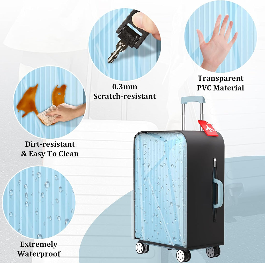 Upgraded Elastic Suitcase Covers for Luggage - Stretchable Black Cloth + Clear TPU, Fit 22 Inch Travel Suitcase, Waterproof & Anti-Scratch, Includes Free Red Luggage Tag