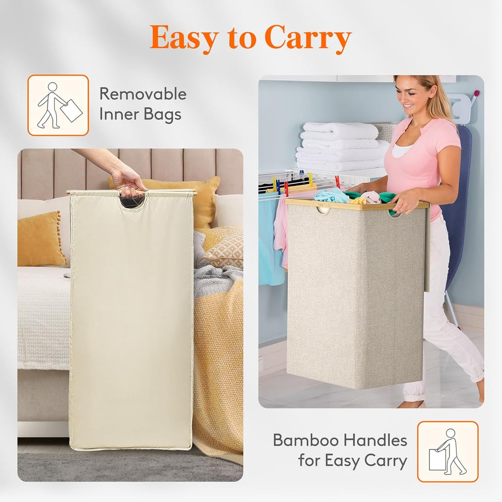 Lifewit 170L Triple Laundry Hamper with Lid, Extra Large Bamboo Laundry Basket Dirty Clothes Hamper,3 Section Laundry Bin Organizer for Laundry Room Bedroom with 3 Removable Liners & Bags, Beige