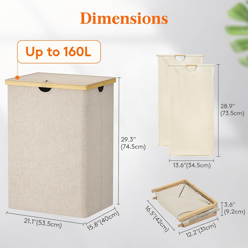 Lifewit 160L Double Laundry Hamper with Lid, Extra Large Bamboo Laundry Basket Dirty Clothes Hamper, 2 Section Laundry Bin Organizer for Laundry Room Bedroom with 2 Removable Liners & Bags, Beige