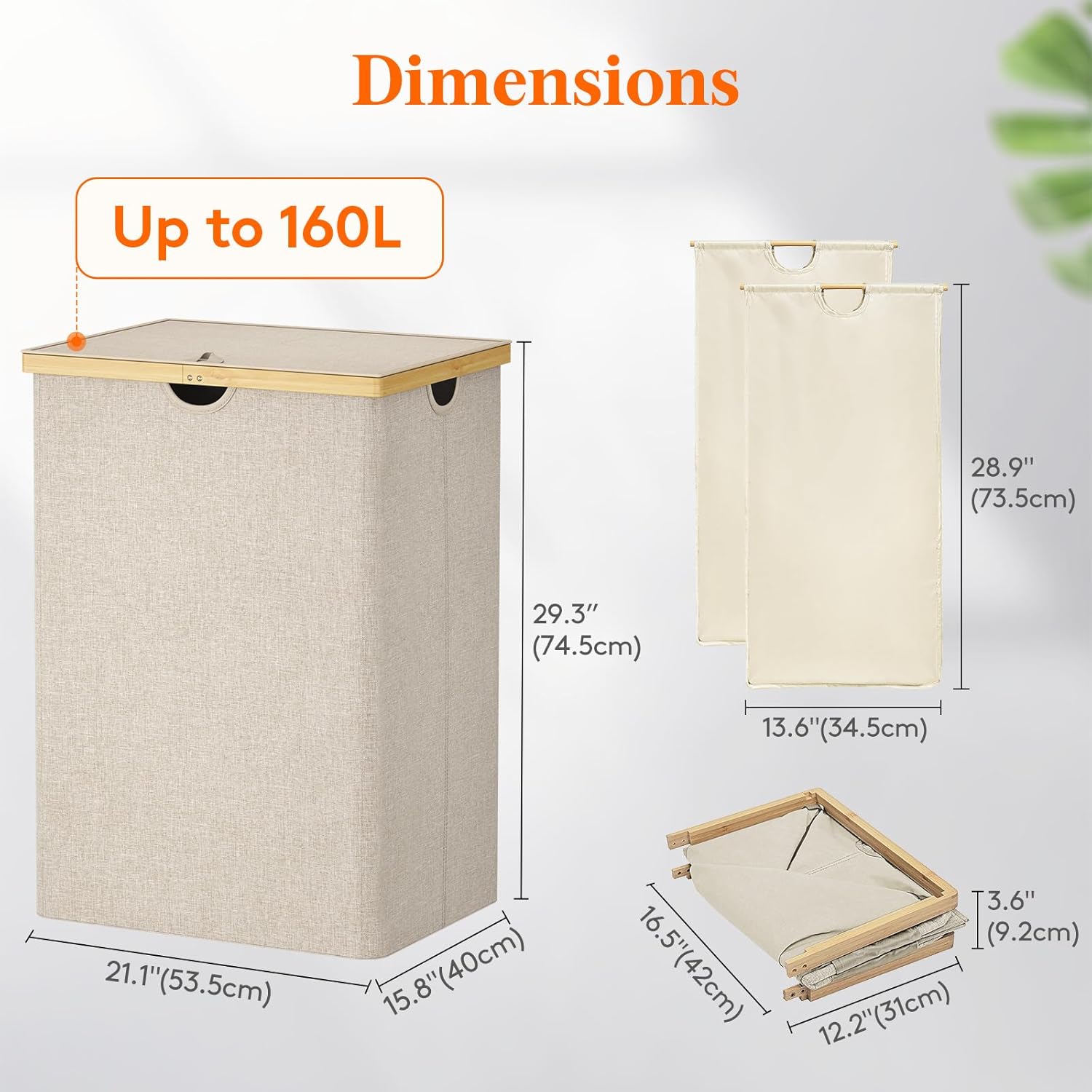 Lifewit 160L Double Laundry Hamper with Lid, Extra Large Bamboo Laundry Basket Dirty Clothes Hamper, 2 Section Laundry Bin Organizer for Laundry Room Bedroom with 2 Removable Liners & Bags, Beige