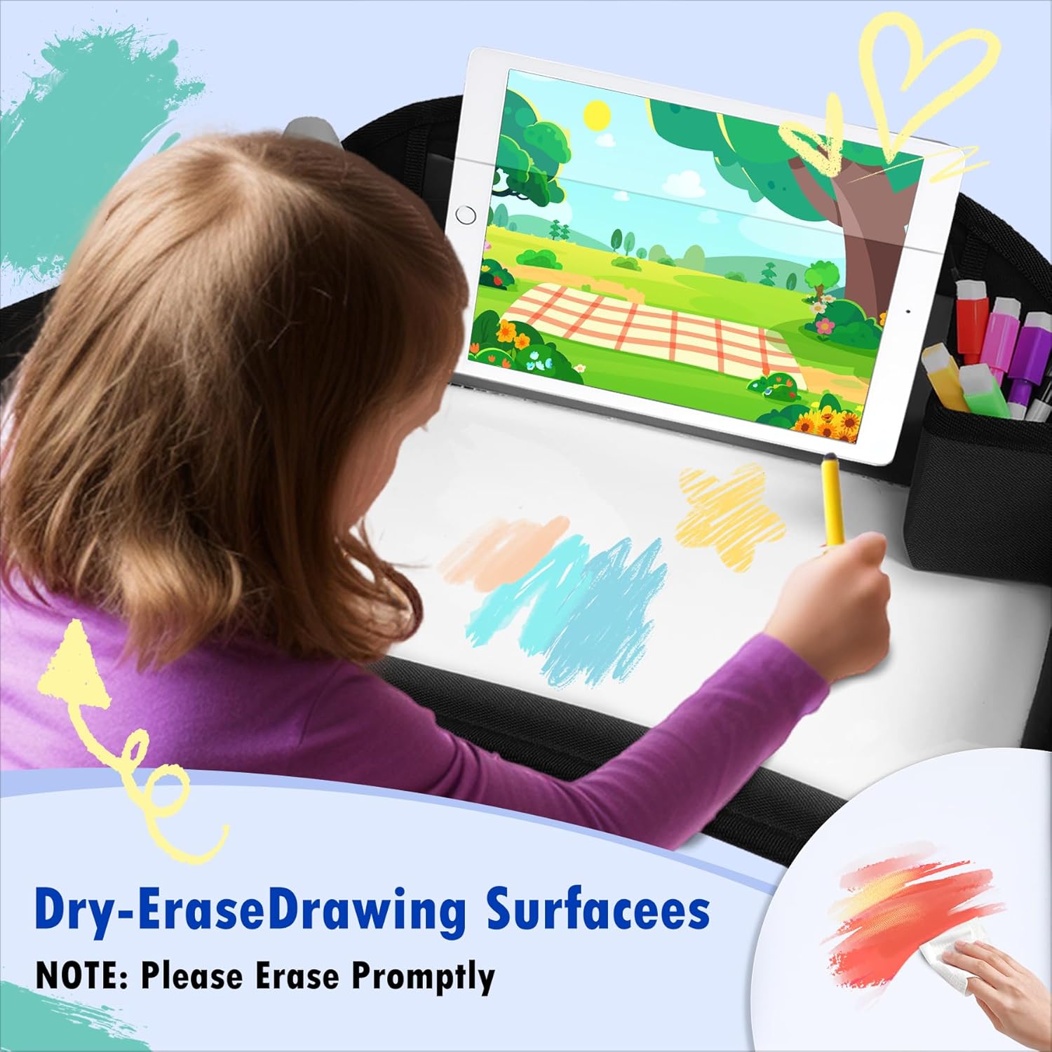 Kids Travel Tray for Car Seat, Toddler Road Trip Essentials With Drawing Kit, Travel Activities Must Haves (Black)