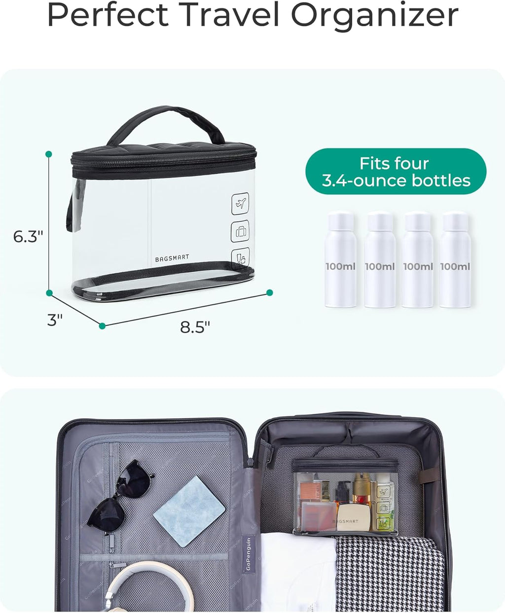 BAGSMART TSA Approved Toiletry Bag, Clear Makeup Cosmetic Bag Organizer, Quart Size Travel Bag for Toiletries, Carry-on Travel Accessories Essentials, 1 Pack-Black