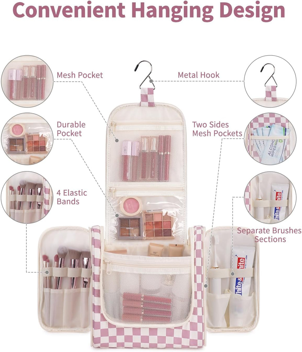 Narwey Checked Hanging Travel Toiletry Bag for Women, Travel Bag for Toiletries, Makeup Bag Organizer Cosmetic Bags Make Up Bags for Women (Dusty Rose Checkerboard)