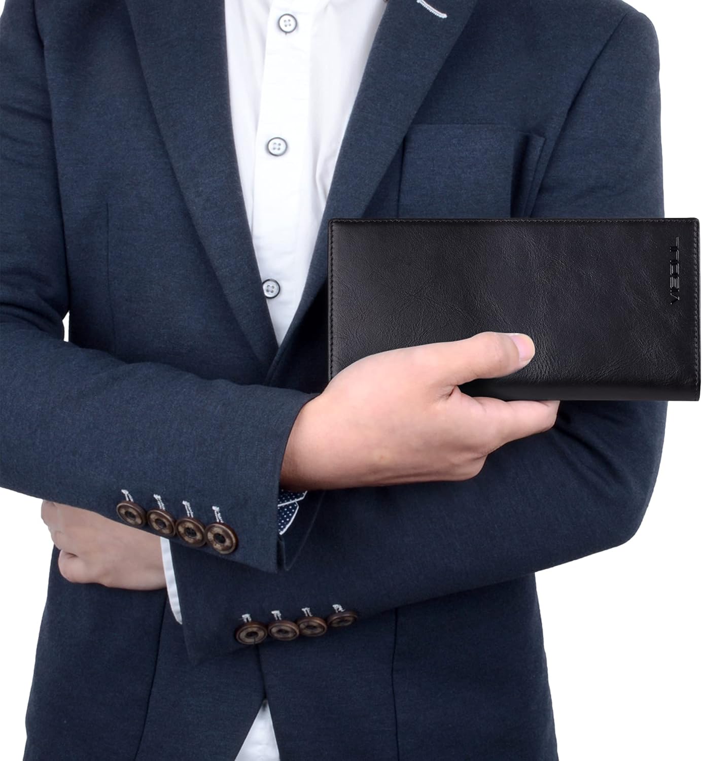 VISOUL Mens Leather Long Bifold Checkbook Wallets with RFID Blocking, Contrast Colors Breast Pocket Tall Billfold Secretary Wallet for Men with Card Slots (Black and Burgundy)