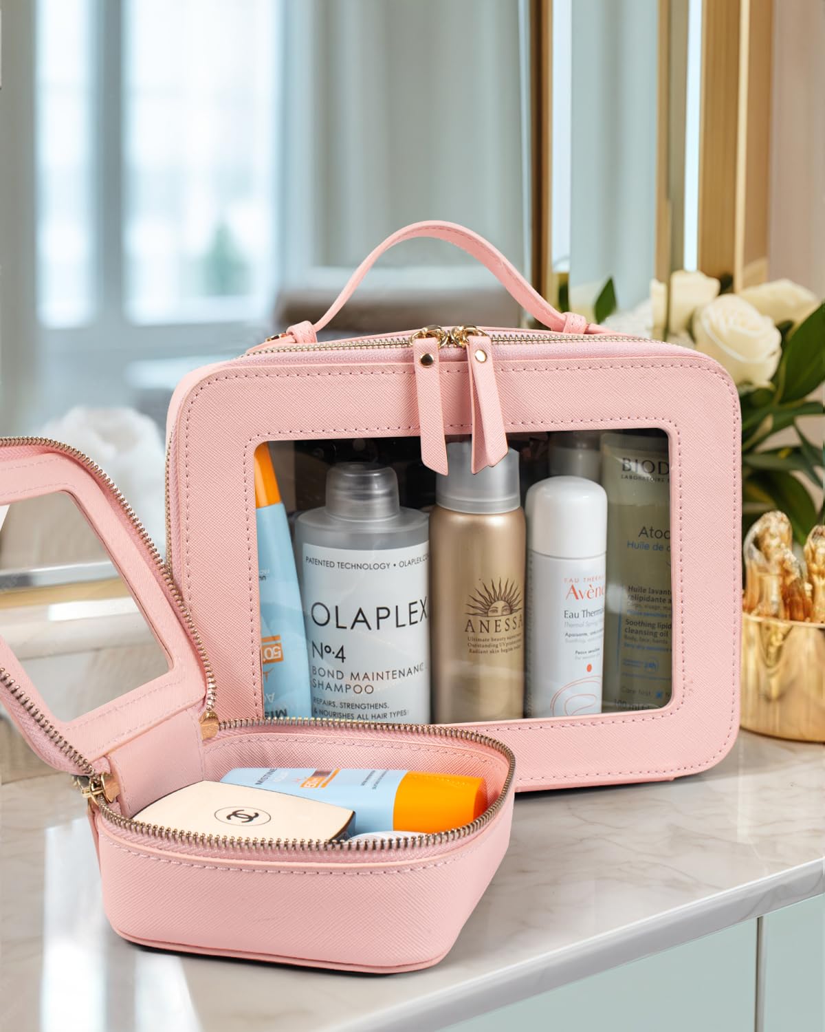 LETGO Clear Makeup Bags Set - TSA Approved Toiletry Bag with Handle Large Opening, Clear Toiletry Bags Case Pouch for Traveling Travel Car Orangizer Storage Essentials (Mini+Large Pink)