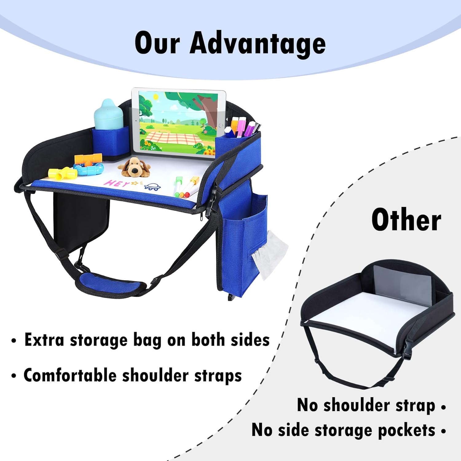 Kids Travel Tray, Travel Tray For Kids Car Seat, Toddler Road Trip Essentials With Drawing Kit, Carseat Tray For Kids Travel, Travel Activities Road Trip Must Haves For Kids (Navy Blue)