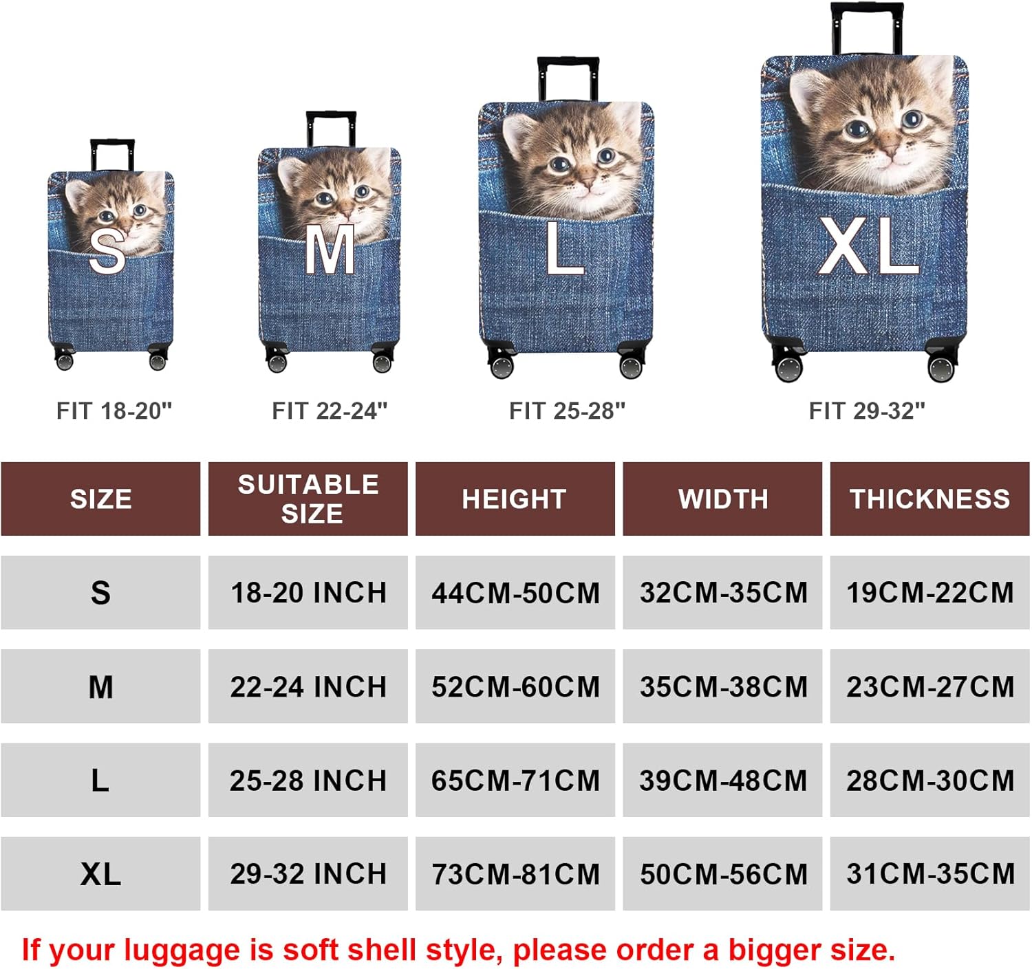 WUJIAONIAO Travel Luggage Cover Baggage Suitcase Protector Fit for 18-32 Inch Luggage (S (for 18-20 inch luggage), Cat B)