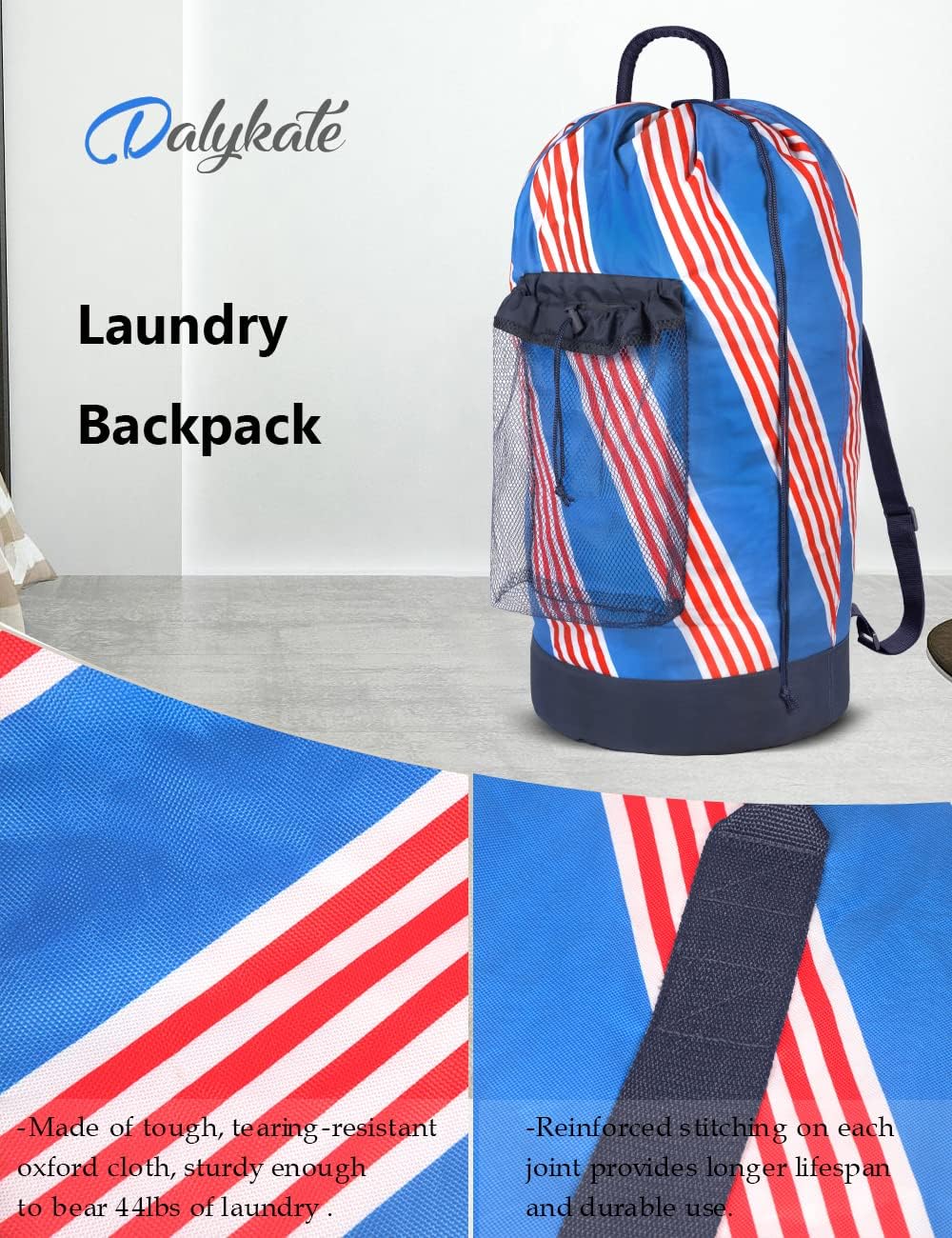 Dalykate Backpack Laundry Bag with Shoulder Straps and Mesh Pocket Durable Nylon Clothes Hamper Bag with Drawstring Closure for College, Travel, Laundromat, Apartment