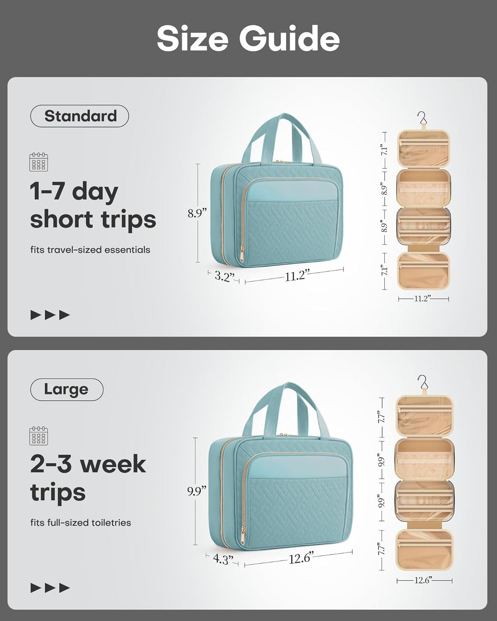 HOTOR Travel Toiletry Bag for Women & Men, Waterproof Makeup Bag with Hanging Hook and Multiple Pockets, Cosmetic Bags for Women, Travel Essentials, 11.2'' x 3.2'' x 8.9'', Light Blue