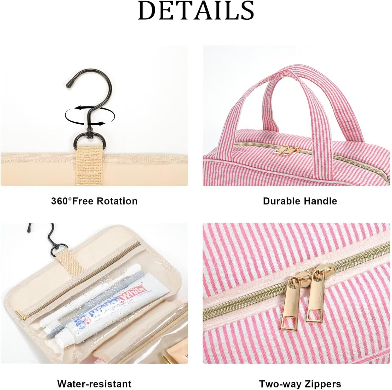 YOOLIFE Hanging Toiletry Bag for Women - Large Travel Toiletry Bag Makeup Bag, Portable Toiletries Cosmetic Bag, Airplane Travel Essentials - Letter N, Pink