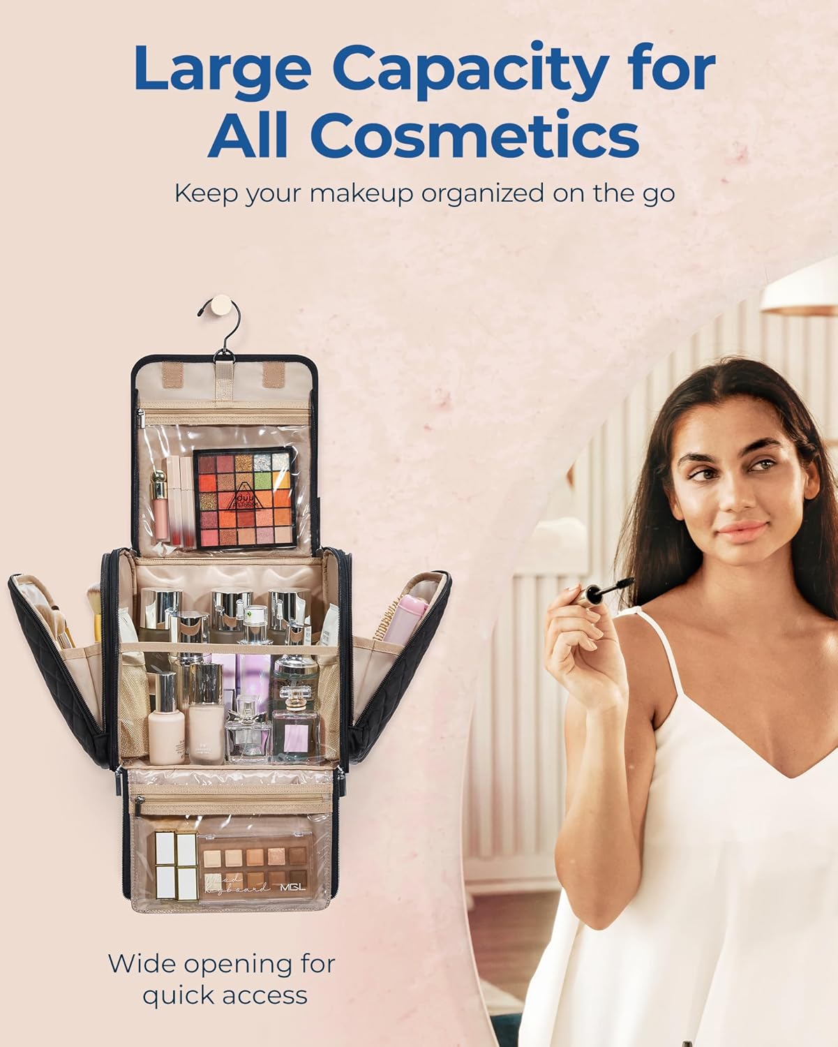 BAGSMART Hanging Travel Toiletry Bag, Large Capacity Water-resistant Cosmetic Organizer with Handle for Brushes Accessories, Black