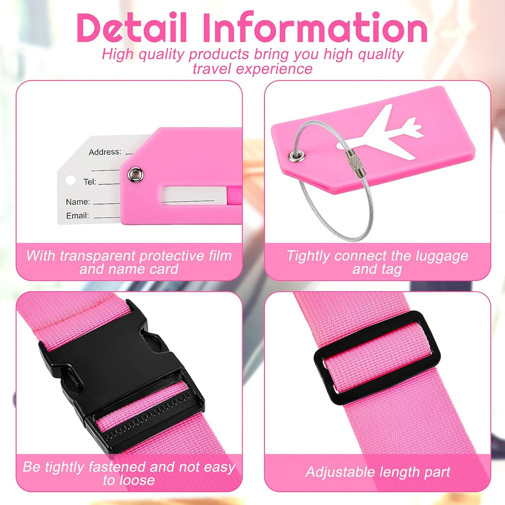 Weewooday 8 Pcs Luggage Straps Suitcase Tags Set for TSA Approved, 4 Travel Adjustable Suitcase Belt, 4 Silicone Luggage Tags with Name ID Card Travel Accessories(Pink,Airplane)