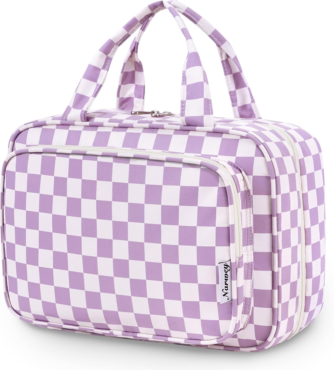Narwey Travel Toiletry Bag for Women Large Hanging Makeup Bag Organizer Toiletries Bag for Full Size Essentials Accessories Cosmetics (Purple Checkerboard (Large))