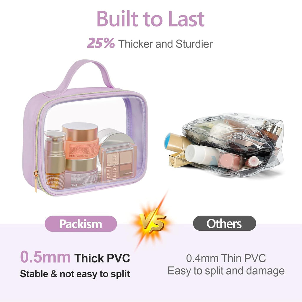 PACKISM Clear Makeup Bag - 2 Pack TSA Approved Toiletry Bag with Handle and 180° Large Opening, Sturdy Clear Toiletry Bag Fit Carry-on Travel Essential, Travel Bags for Toiletries, Purple