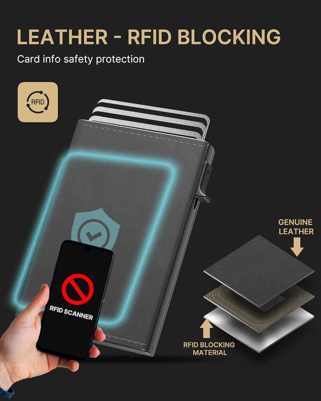 typecase Mens Wallet Card Holder: Pop Up Aluminum Case, Carbon Fiber Leather, Smart, RFID Blocking, Slim, Minimalist, Front Pocket - 9-14 Card Capacity | ID Window | Cash Slot(Grey)