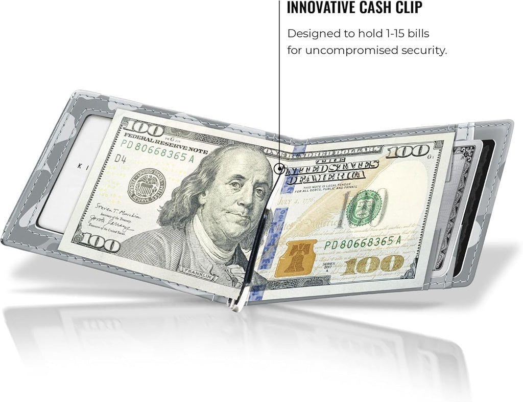 Kings Loot Money Clip Slim Minimalist Wallet for Men | RFID Blocking Leather Design with Money Clip | Front Pocket Bifold Holds 12 Cards | Stylish & Compact Wallets (Camo White)