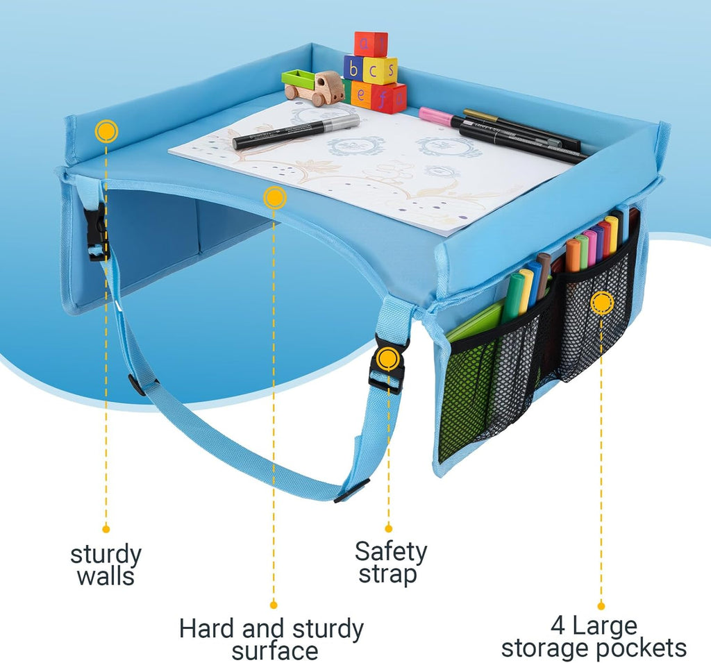 Children Auto Lap Pad - Travel Tray Tablet Holder，Car Seat Lap Tray for Toddlers, Kids，Use on Airplanes, Road Trips, Lap Desk，Tablet Holder and Carry Bag (Blue)