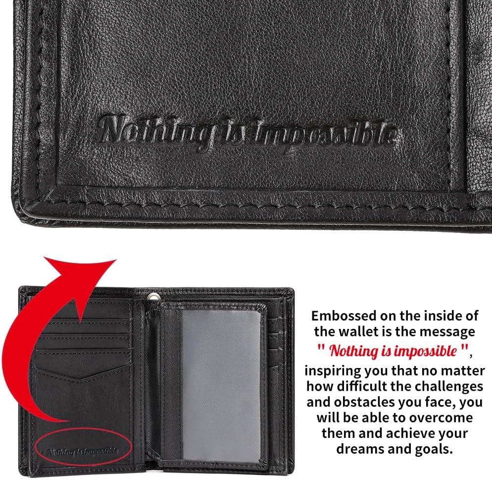 Holder for AirTag Men's Wallet Genuine Leather Purse RFID Blocking Bifold with Anti-Theft Chain,Black with Gift Box (BLACK)