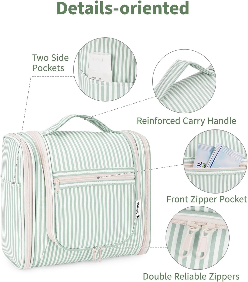 Narwey Striped Hanging Travel Toiletry Bag for Women, Travel Bag for Toiletries, Makeup Bag Organizer Cosmetic Bags Make Up Bags for Women (Mint Green Stripe)