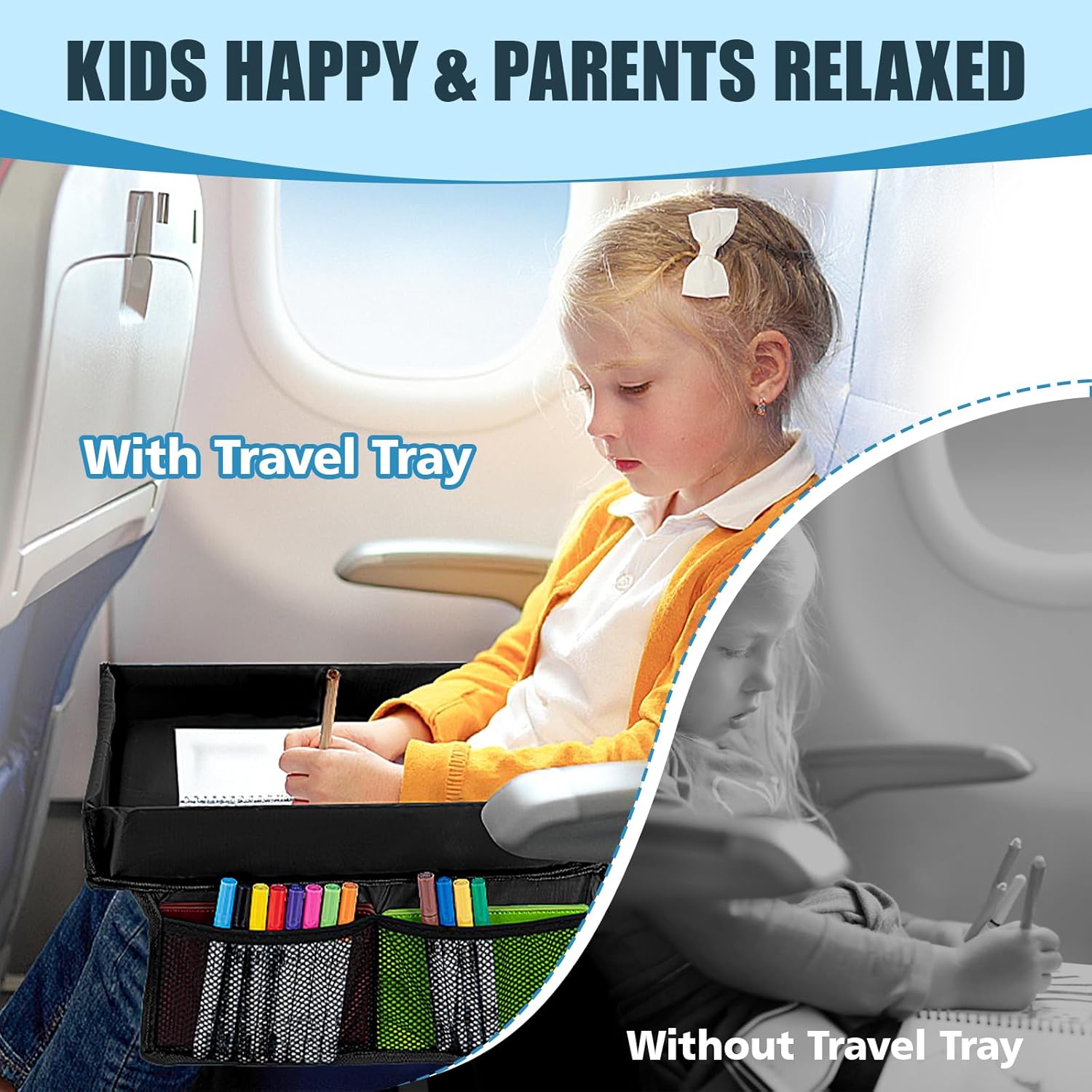 Children Auto Lap Pad - Travel Tray Tablet Holder，Car Seat Lap Tray for Toddlers, Kids，Use on Airplanes, Road Trips, Lap Desk，Tablet Holder and Carry Bag (Black)