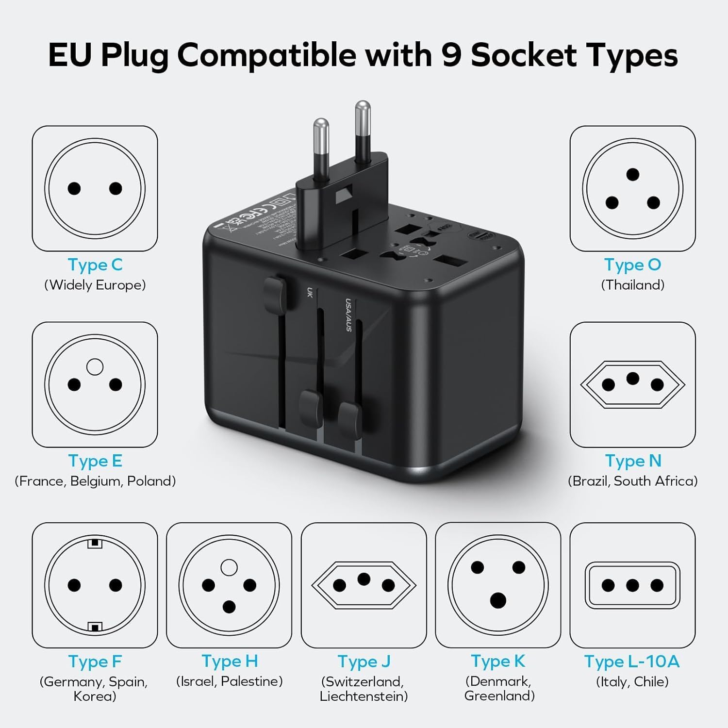 MOMAX Universal Travel Adapter, 170W GaN International Power Adapter, 2 USB-C 2 USB-A, Worldwide Travel Plug Adapter, International Power Adapter for Most Europe, USA, Japan, Australia (Type C/A/G/I)